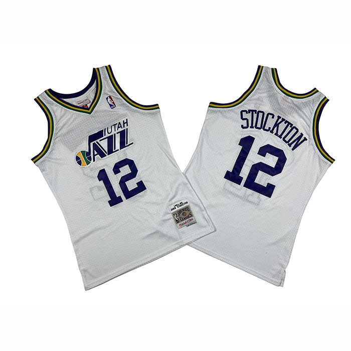 Camiseta Utah Jazz John Stockton NO 12 Mitchell & Ness 1991-92 Blanco